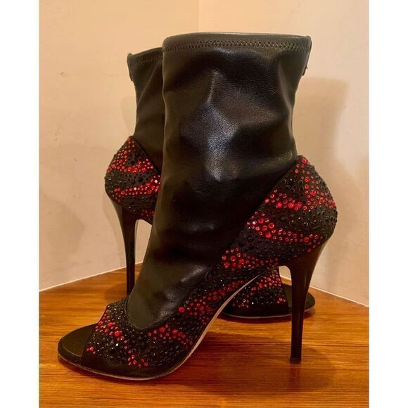 Giuseppe Zanotti Womens Black Red Jewel Encrusted Peep Toe Ankle Bootie Size 39 - Picture 4 of 12